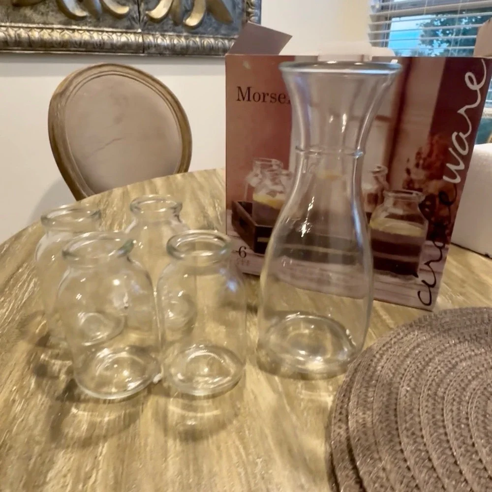 Morsela Glass Carafe Milk Bottles Tray Set 6 Piece Drinkware Beverage Serving‎